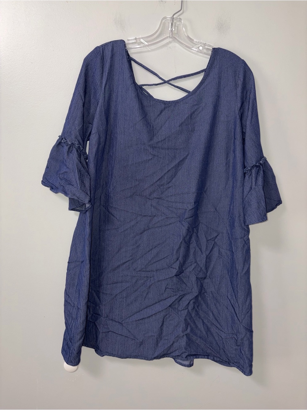 Naif Blue Chambray Ruffle Bell Sleeve Criss Cross Back Mini Dress Women’s M